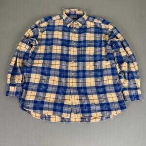 Evergreen Flannel Shirt Men's Large‎ Blue Tan Plaid Long Sleeve 100% Cotton *